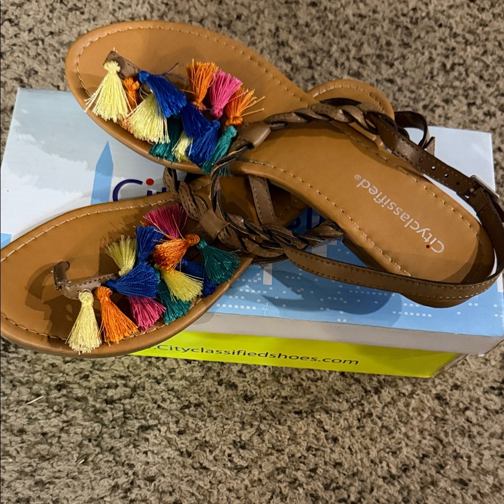 Cityclassified Tan Braided Ankle-Strap Sandals with Multicolor Tassels